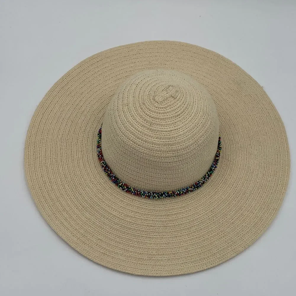 The Accessory Collective Wide Brim Straw Sun Hat Beaded Band Panama Style OS